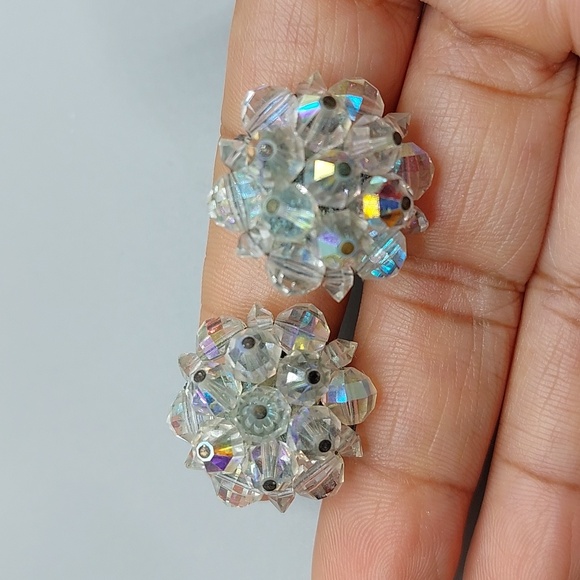 Vintage Jewelry - Vintage LAGUNA Elegant AB Crystal Cluster Silver Tone Omega Back Clip Earrings